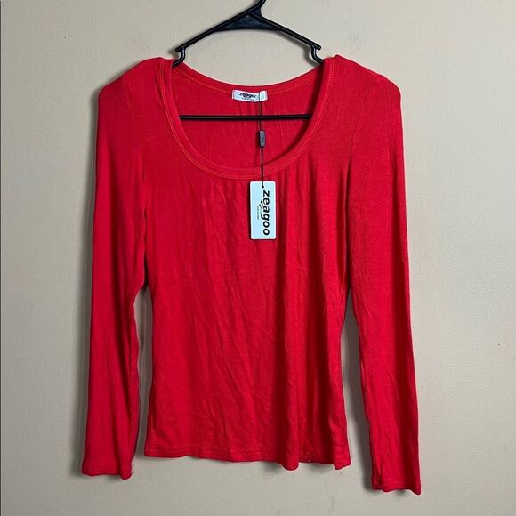 Zeagoo Women’s Size Small Red Ribbed Long Sleeve Tee NWT - Picture 1 of 4